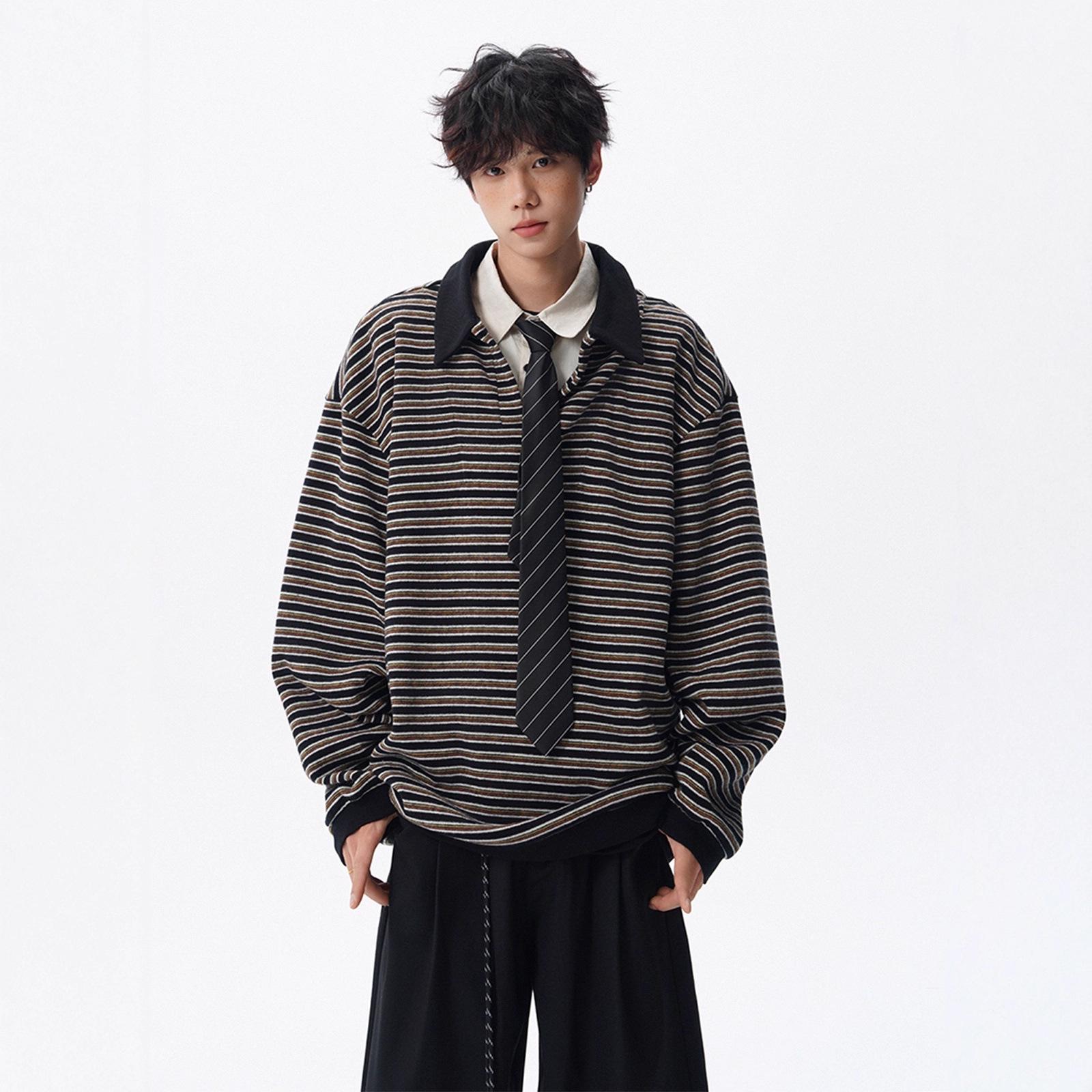 Men s Trendy Faux Two-Piece Striped Polo Collar Hoodie - Winter High Street Style Heavyweight Jacket XL