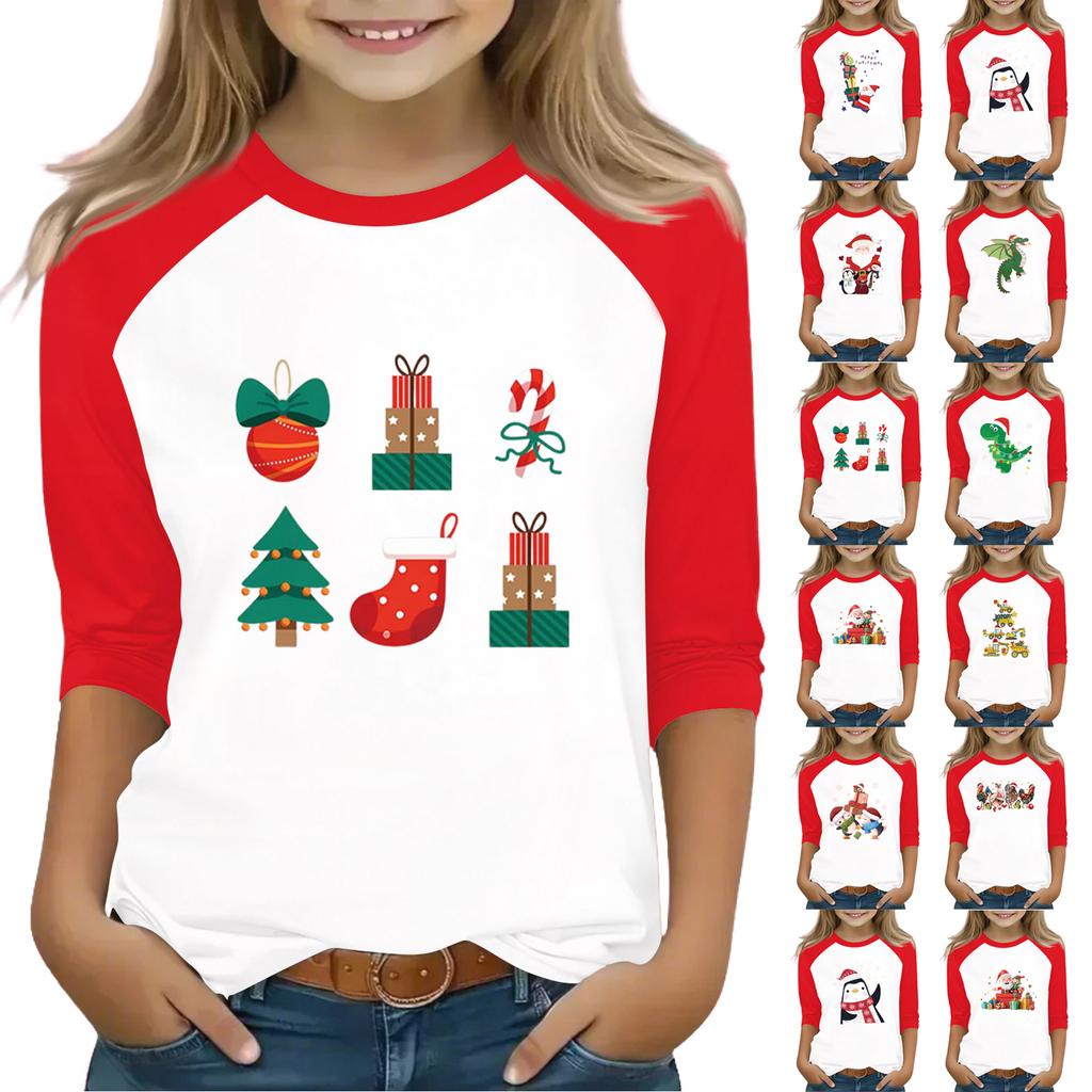 Tops For Youth Girls 4-16 Years Round Neck 3/4 Sleeves T-Shirts Trendy Tops Outfit Tees Christmas Day