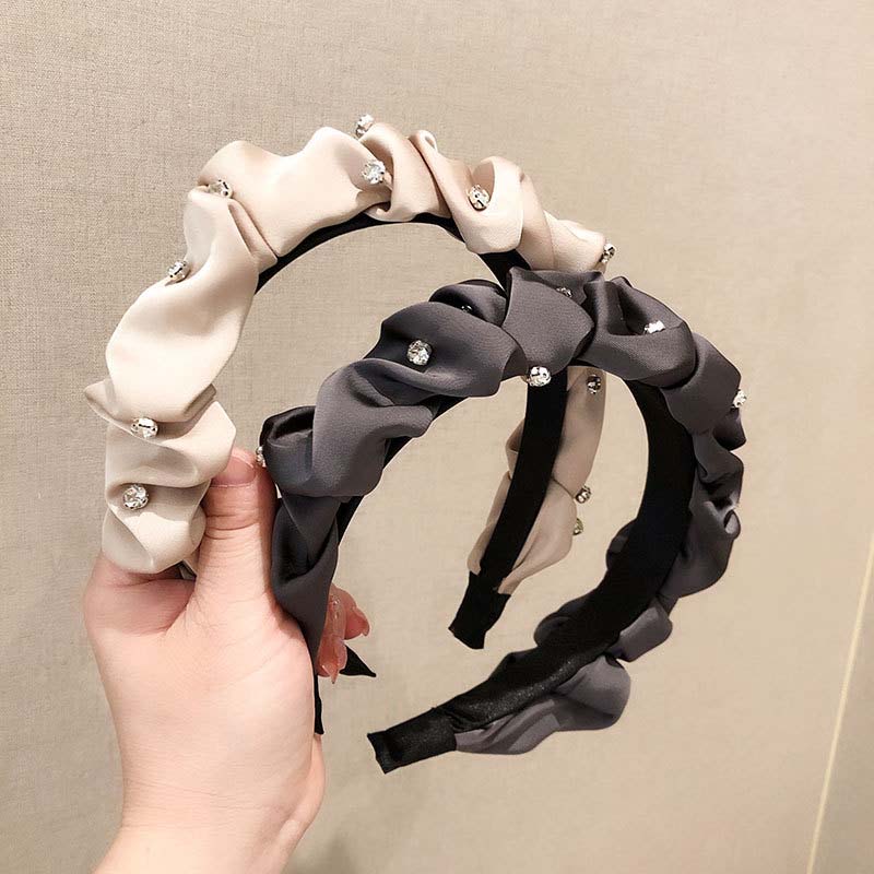 Koreanischer Schlichter Schwarzer Plissierter Haarreifen Stirnband für Damen Glänzender Strass Breites Haarband Kopfschmuck Haarschmuck