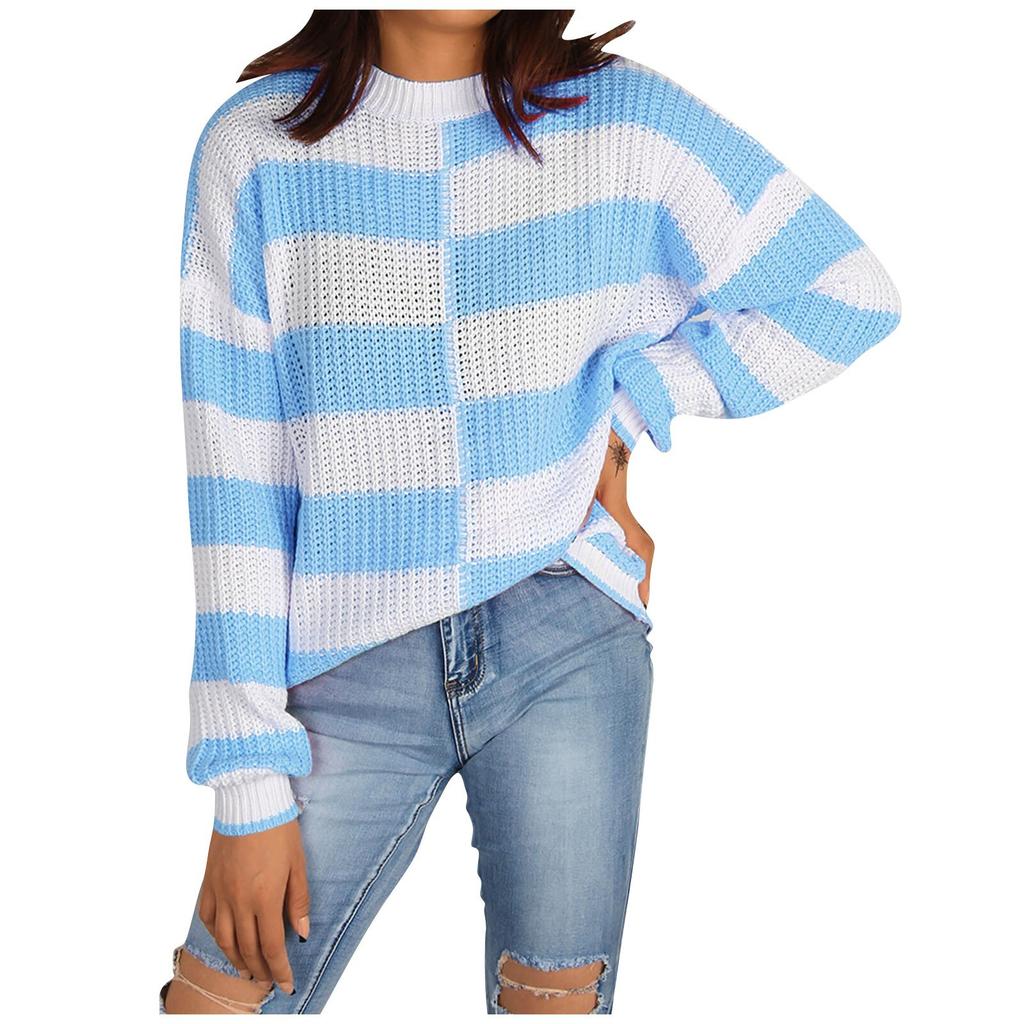 Women's Round Neck Irregular Pullover Base Contrasting Color Knitted Sweater Long Sleeved Sweater