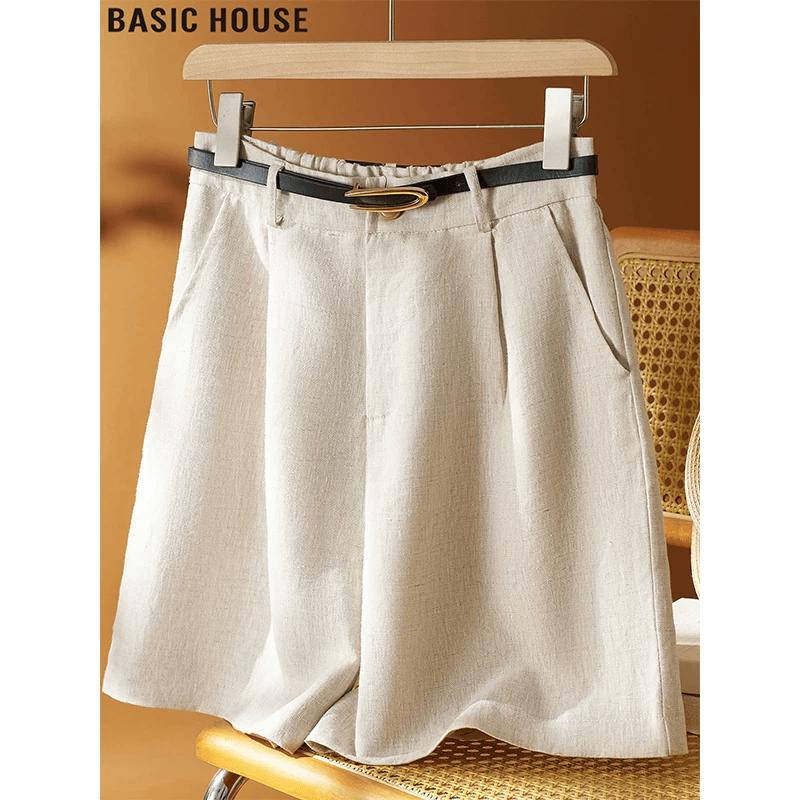 Basic House Women s 100% Linen High-Waisted Wide-Leg Suit Shorts 2XL