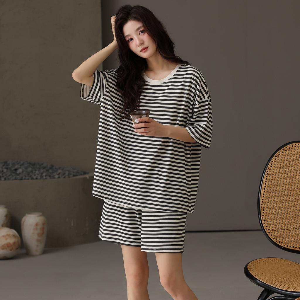 Black and white striped cool pajamas women's summer thin modal short-sleeved shorts casual wear loungewear suit