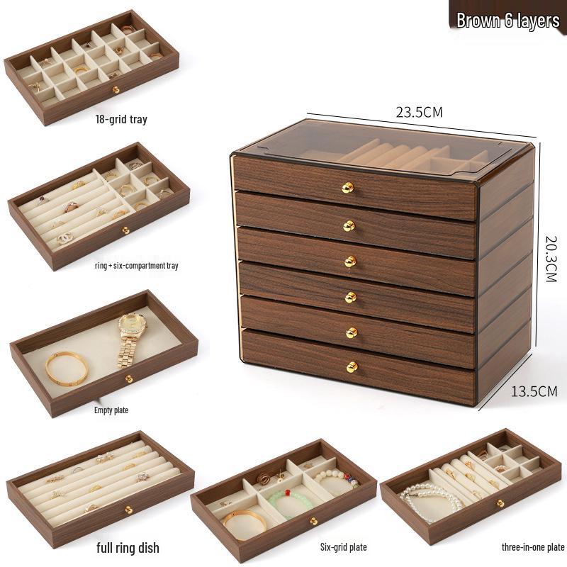 Elegantní vícevrstvá dřevěná šperkovnice s velkou kapacitou na náhrdelníky, náramky a prsteny