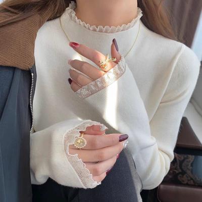 Semi-turtleneck Sweater Bottoming Shirt Women's Autumn and Winter New Fashion Slim-fitting Inner Lace Top Knitted Sweater