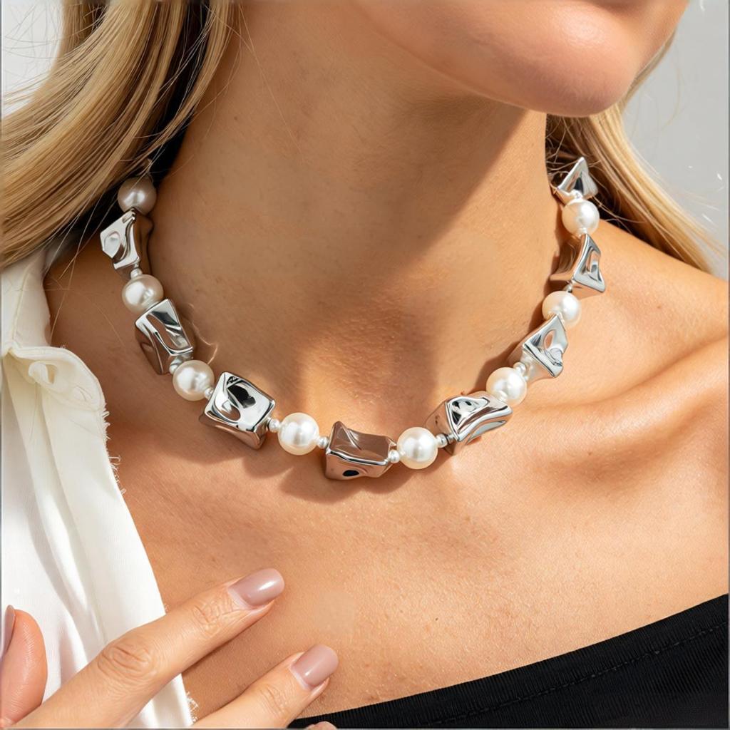 Geometric Punk Style Irregular CCB Necklace with Faux Pearls