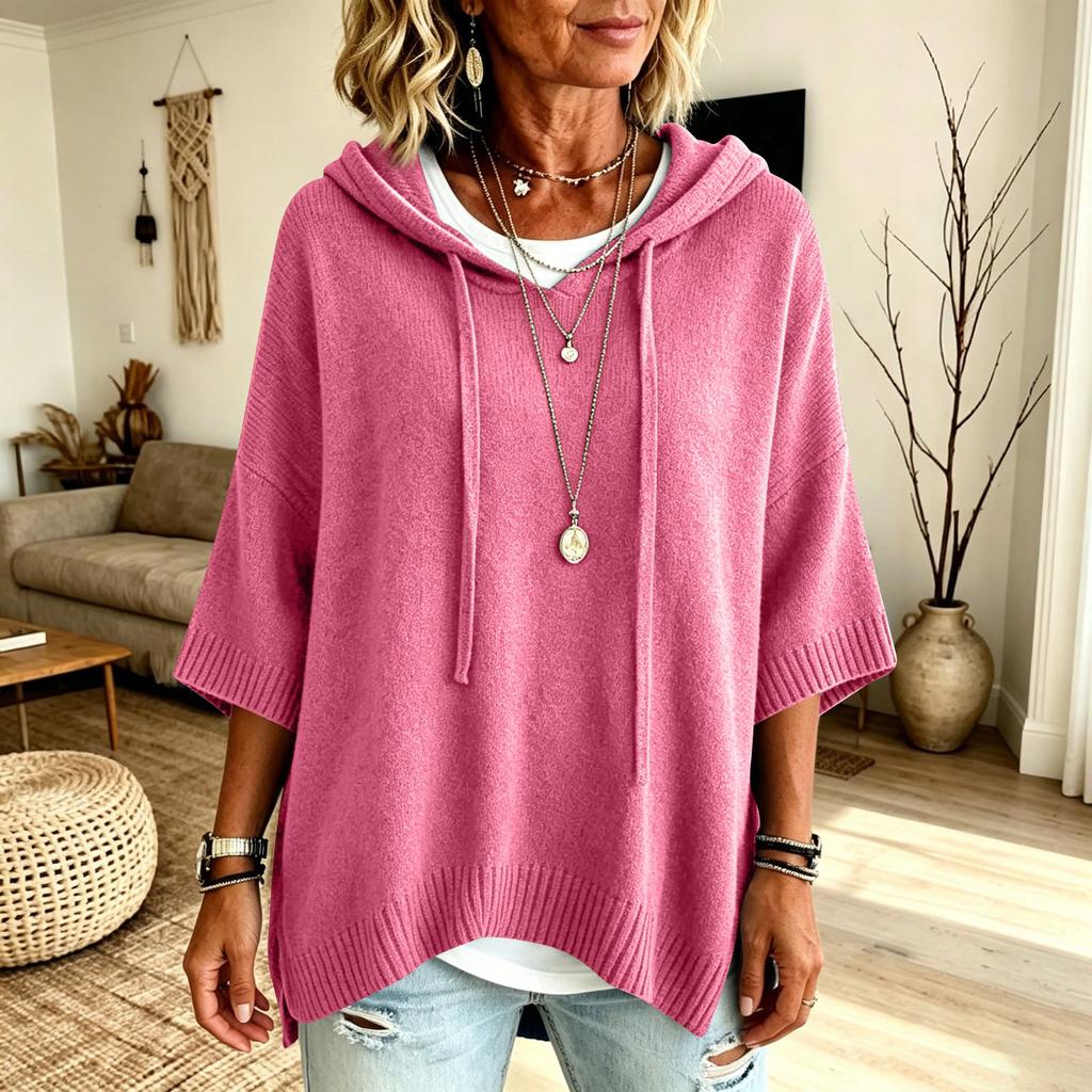 Maglione da Donna Colorato con Cappuccio e Coulisse, Maniche a Tre Quarti, Vestibilità Larga, Top Casual