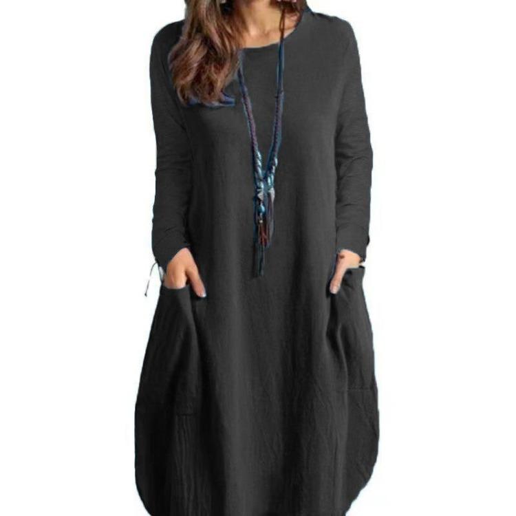 Women Casual Loose Dress European American Style Solid Color Cotton Linen Fabric Pocket Spring Summer