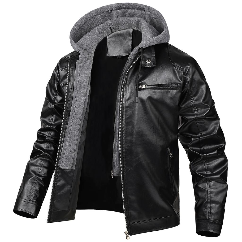 European code spring autumn and winter new casual versatile leather jacket men's trend fashion hooded zipper leather jacket youth