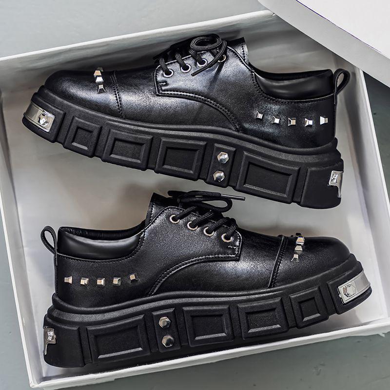 2025 Autumn Men's Black Derby Shoes - Korean Style Trendy Casual Leather with Height Increasing Thick Sole