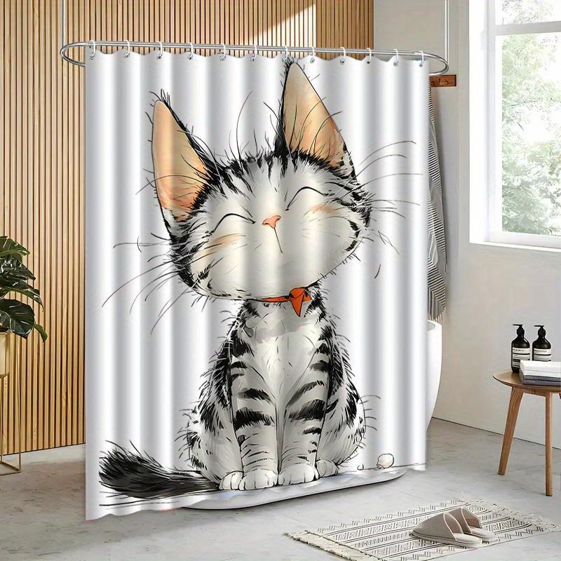 Cute Cartoon Kitten Shower Curtain Machine Washable All Season Waterproof Privacy Protection 2D Print Animal Design Adorable