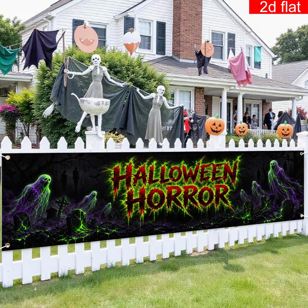 Halloween Yard Sign Party Banner, Spooky Cemetery Pattern, Polyester Outdoor Garden Courtyard Fence Decoration