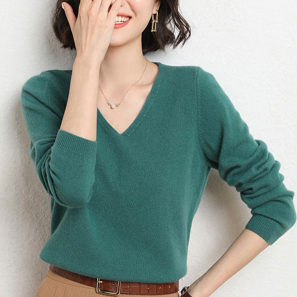 Women's Long Sleeved Knitted Sweater V Neck Loose Thin Top