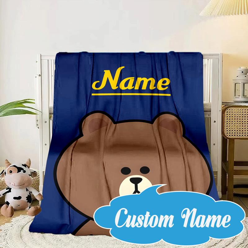 Custom Name Happy Birthday Brown Bear Blanket bed sofa Blanket Flannel Blanket for Camping, Hiking, Picnic Essentials,gift for Fan family
