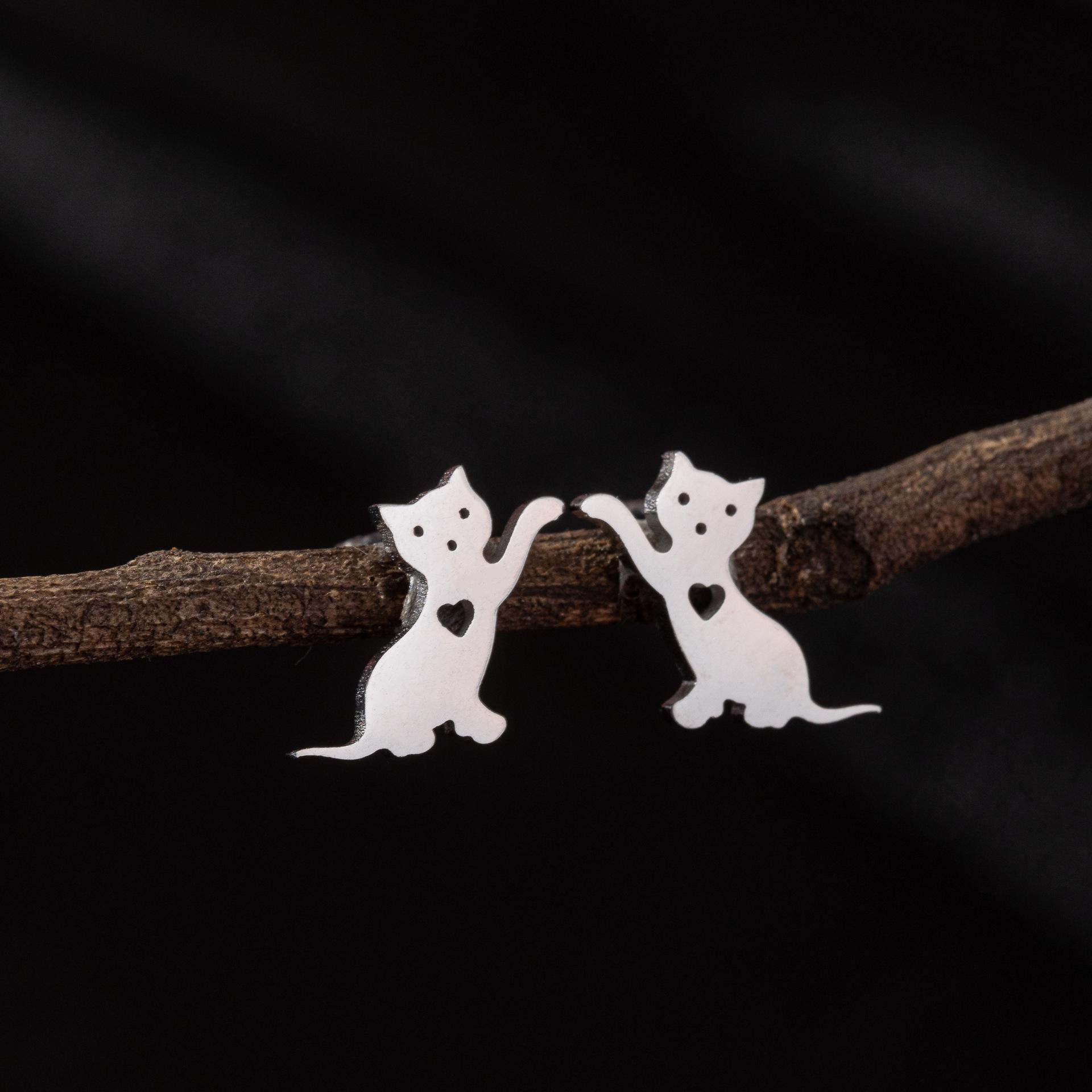 Adorable Vintage Cat Stud Earrings - Stainless Steel Hollow Heart Design