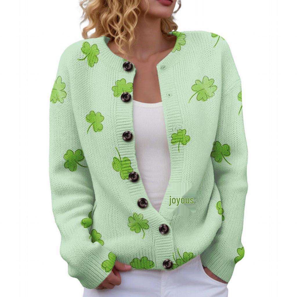 Saint Patrick Round Neck Knit Cardigan - Casual European and American Style Sweater