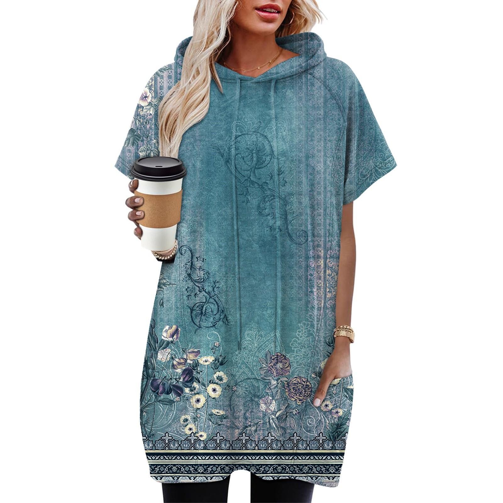 

Женская мода повседневный однотонный пуловер с капюшоном средней длины с карманами и короткими рукавами XL