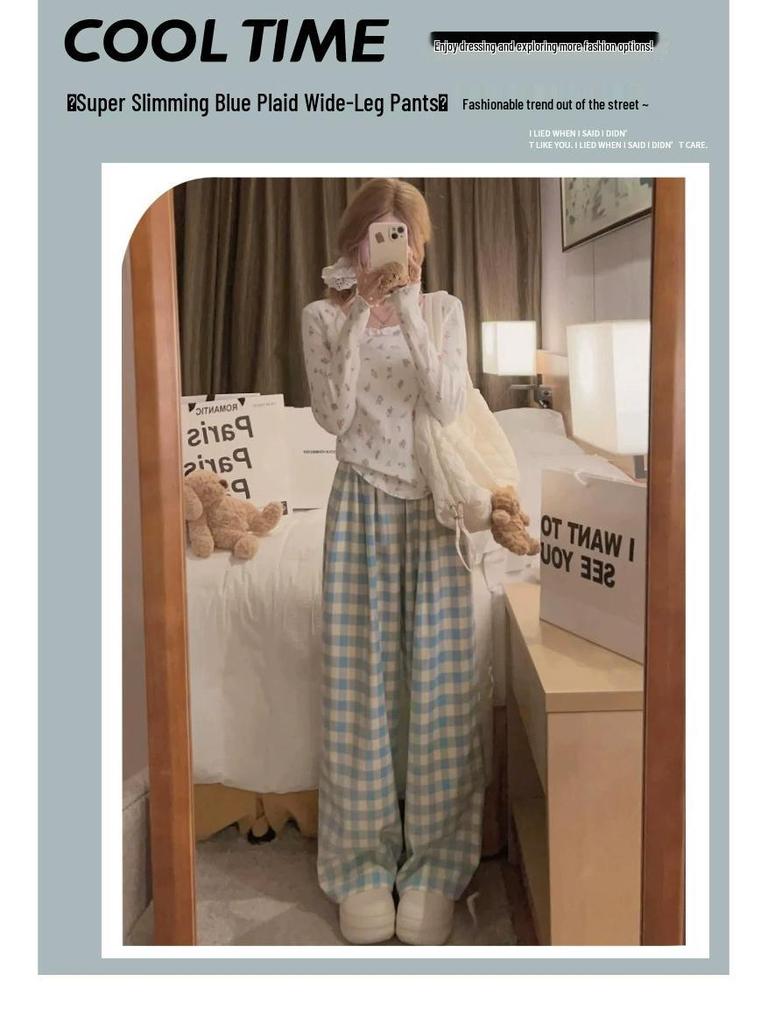 Petite Women’s Dopamine Blue Plaid High-Waist Casual Wide-Leg Pants, Floor-Length Straight Cut for Summer