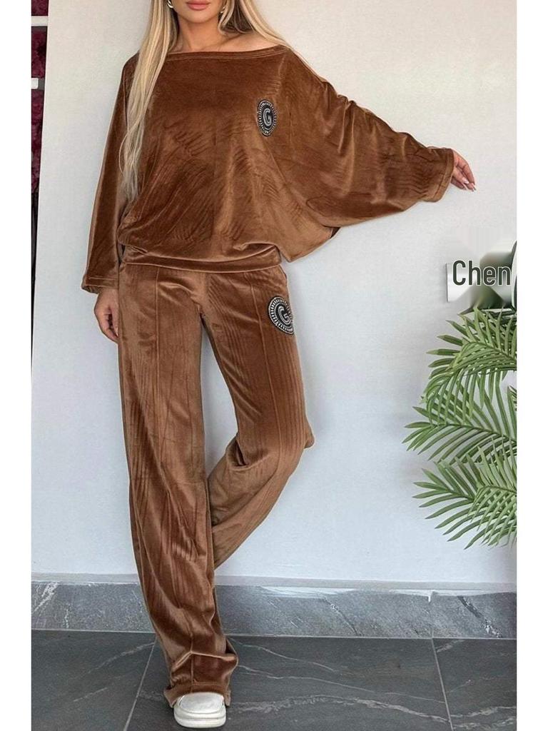 2024 Trendy Dames Goud Fluweel Vleermuismouw Tweedelige Set - Herfst/Lente