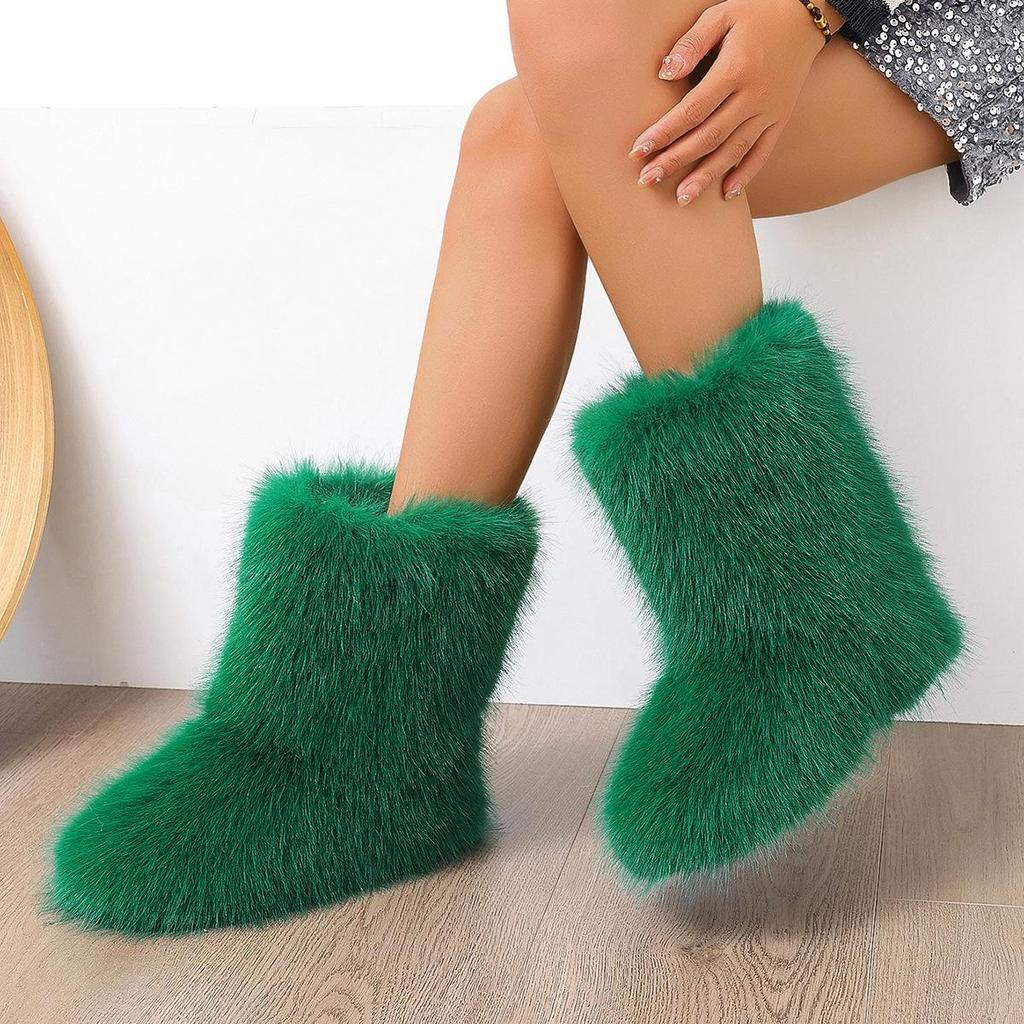 Europeiska Y2K Dam Mid-Calf Pälssnöskor - Varma, Moderiktiga, Plattbottnade Vinterstövlar