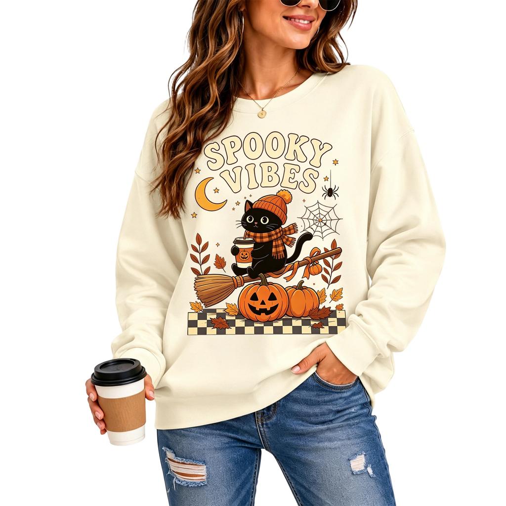 Women's fashionable casual long-sleeved Halloween printed round-neck top