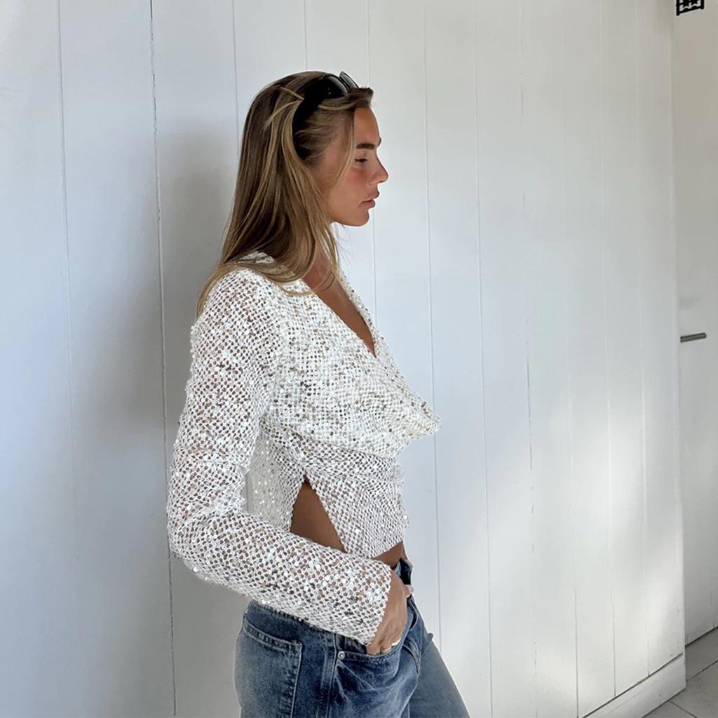 Spice girl beads fishing net new product hollow sexy front and rear can wear swinging collar long sleeves, top