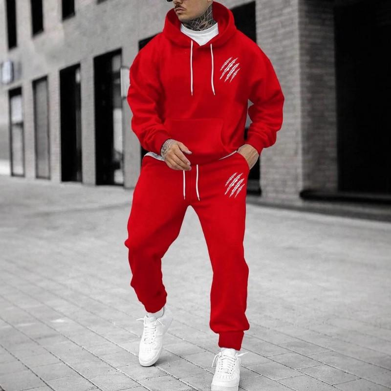 Mens Winter Hooded Sweatshirt Pants Set Animal Paw Print Sportswear Casual Streetwear Outfit