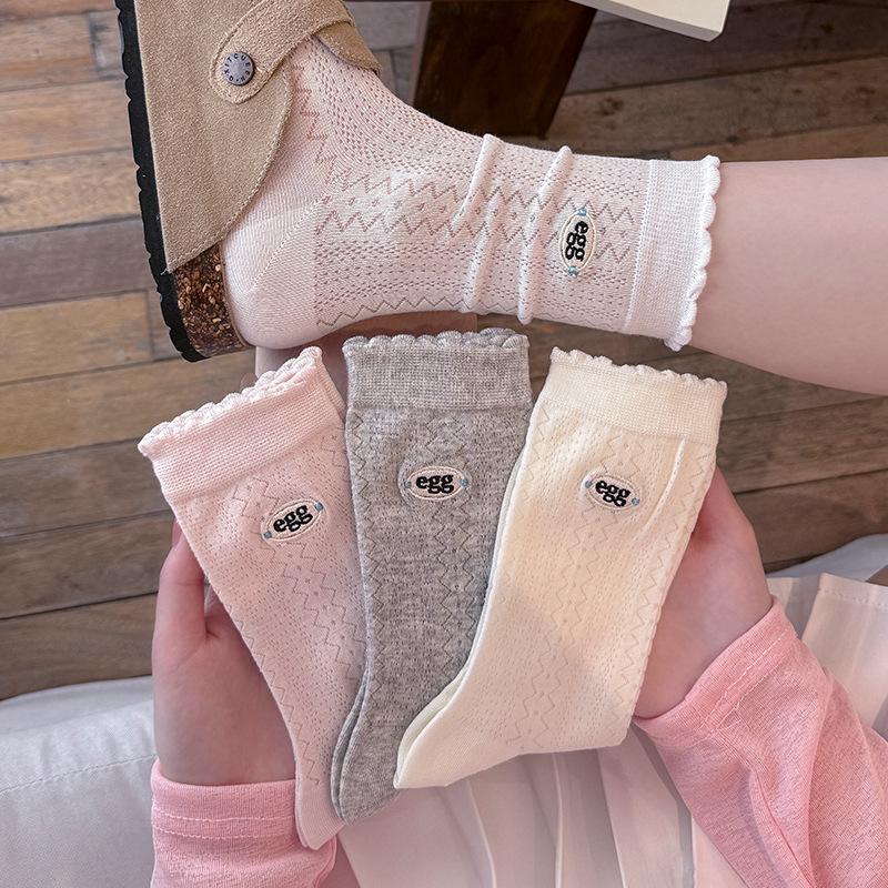 Spring and Summer Lightweight Socks with Children's Embroidered Letters, Mesh Netting for Good Airflow, Versatile and Decorative Edging Padded Socks