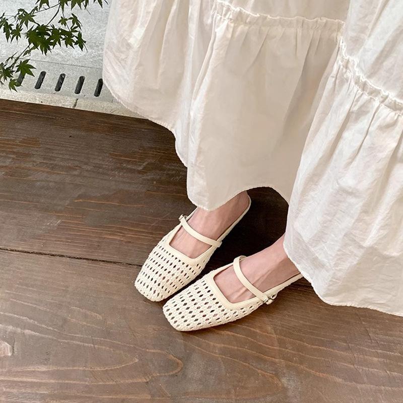 [Shei Su Yinyin] Paris vacation~ square head woven thick heel bag head Mary Jane slippers women's half drag sandals