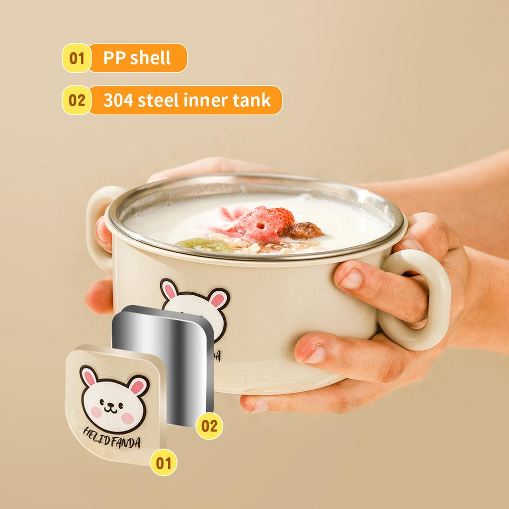 500ml Double-Layer Rice Bowl Cartoon Anti-scalding 304 Stainless Steel Soup Bowl For Kid Double Handle Food Container