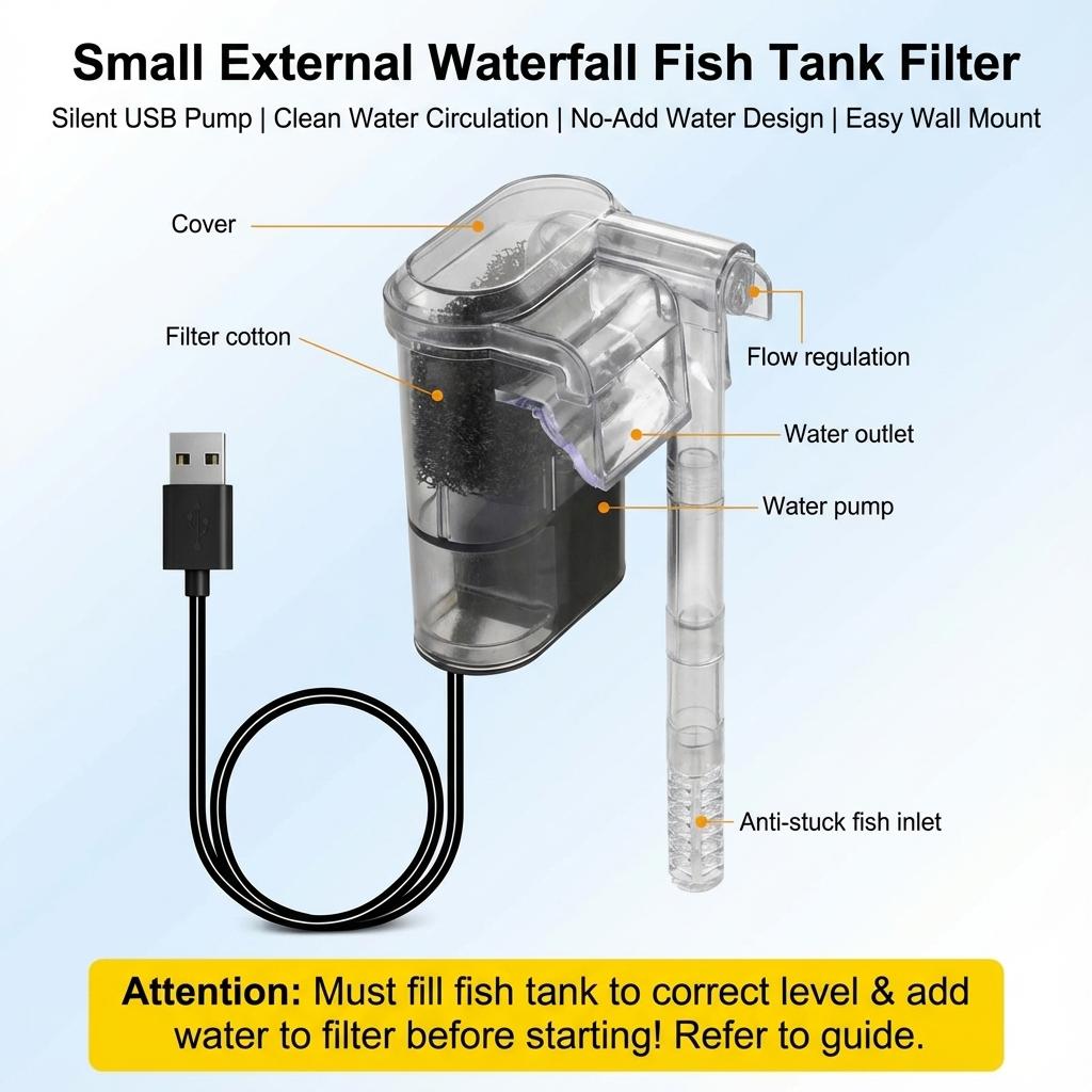 1PC Mini USB Suspended Fish Tank Filter 2.5W 250H/L Suitable for Aquariums under 30cm Portable Water Cleaning System