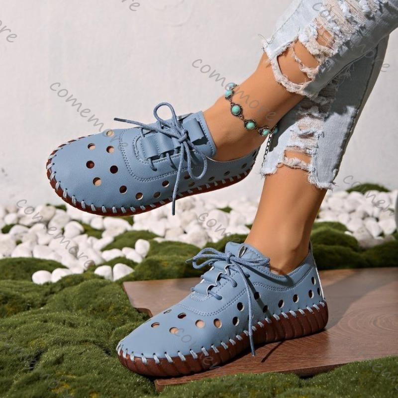 Comemore Spring Summer Women Flats Hollow Out Lace Up Hole Single Shoes for Women Casual Soft Leather Soft Sole Sneakers Shoes