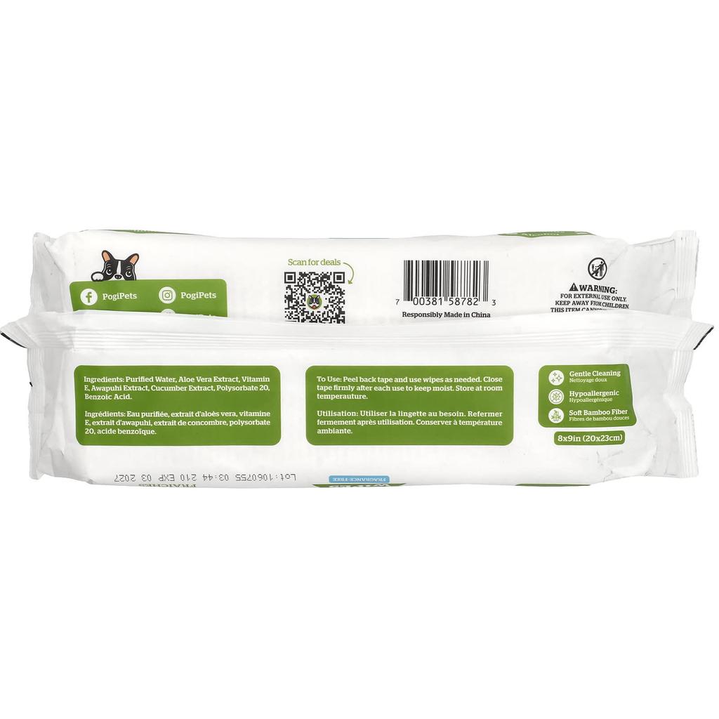 Pogi's Pet Supplies Grooming Wipes, Unscented, Fresh Wipes, 100 Count