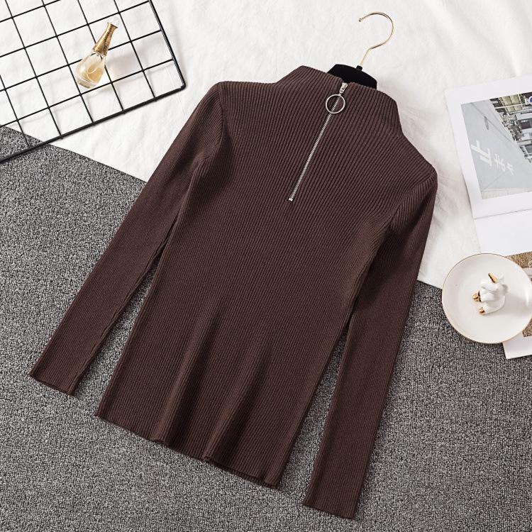 Knitted Women Zipper Half High Neck Ring Zipper Slim Top Sweater Pullovers Autumn Winter Basic Women Sweaters Slim Solid Knitwear Pull Femme Tops