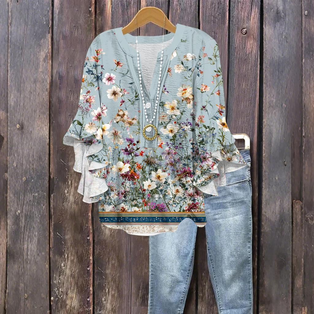 Women's Fashion Button V-Neck Ruffle Seven Sleeve Blouse Floral Printed Top