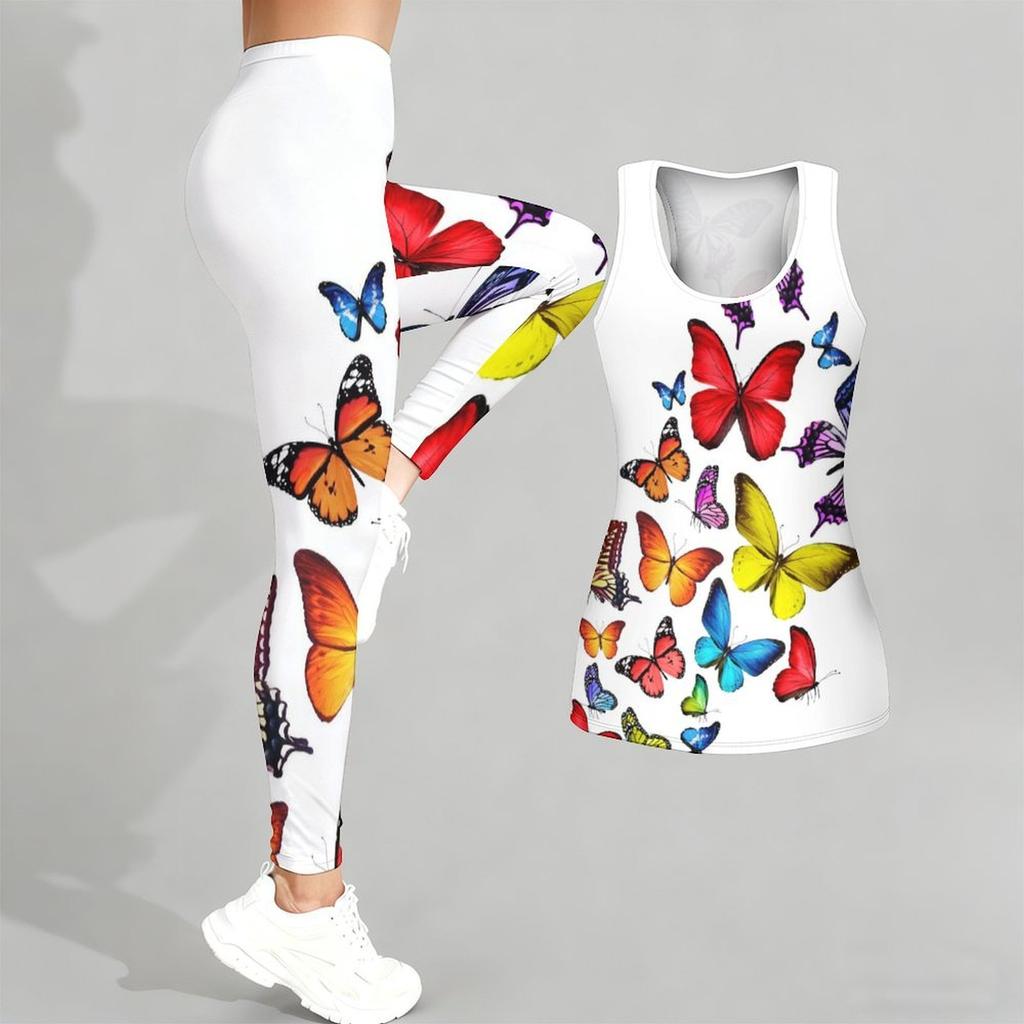 Butterfly Print Yoga Outfit for Women Fashion Workout Leggings Fitness Sports Casual Yoga Set Sports Suit