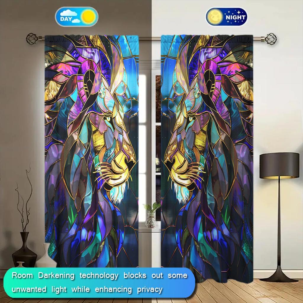 2-Panel Buntglas Löwe Halb Verdunkelnder Vorhang Halb Verdunkelnd Geeignet für Künstlerische Heimdekorationsvorhänge