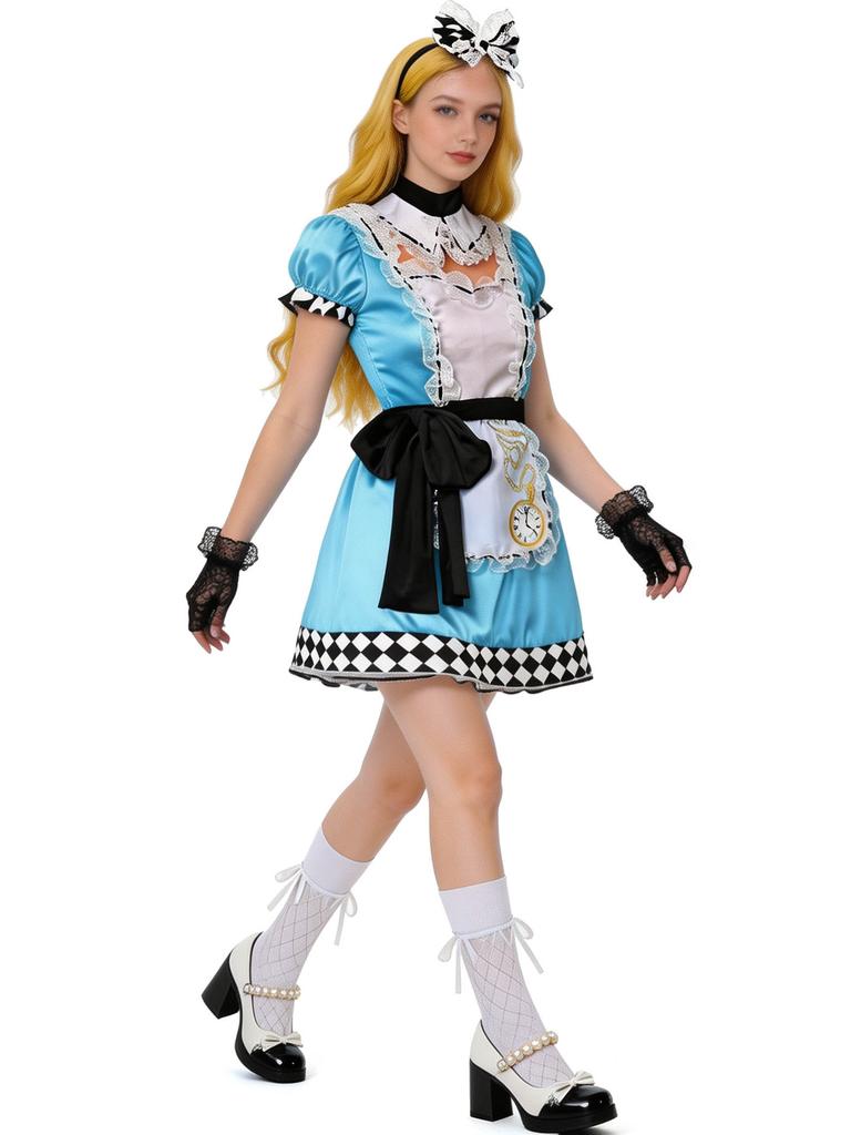 Alice in Wonderland Adult Cosplay Dress, Maid Outfit Halloween Party Costume for Women Role Play