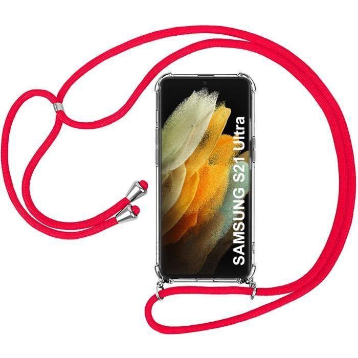 Coque - PROSHOP - Samsung S21 Ultra - Souple - Transparent-rouge - Anti-choc avec cordon