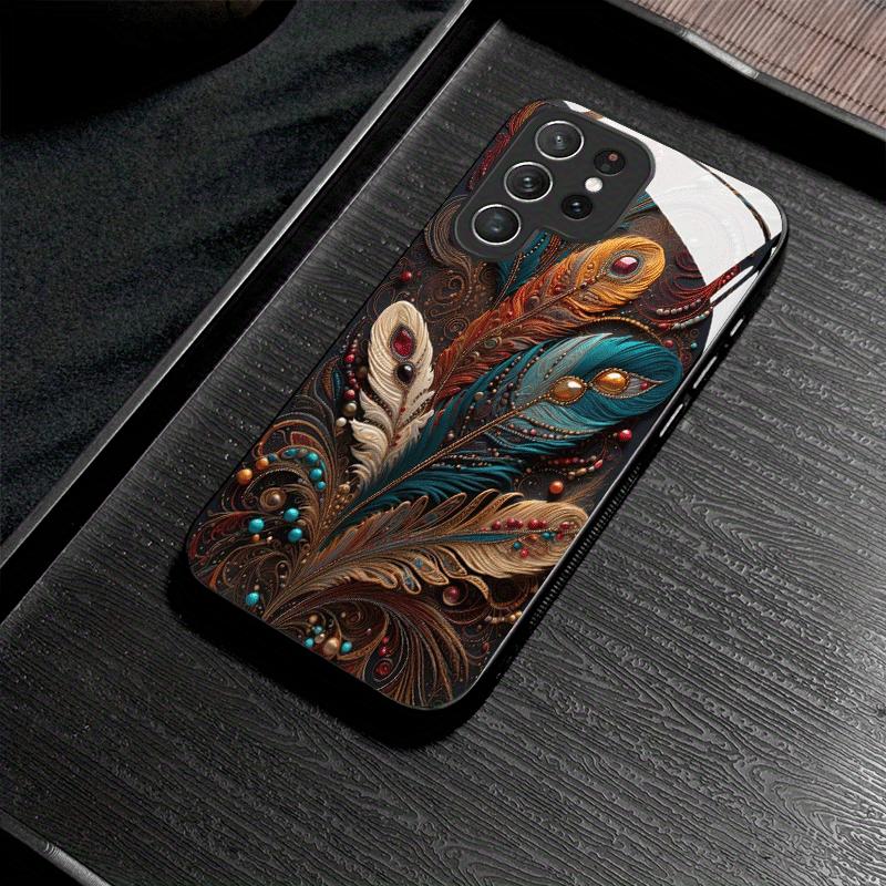 Creative retro gemstone feather glass phone case suitable for Samsung Galaxy S26 S25 S24 S22 S21 S20 FE/Ultra/Plus hard case
