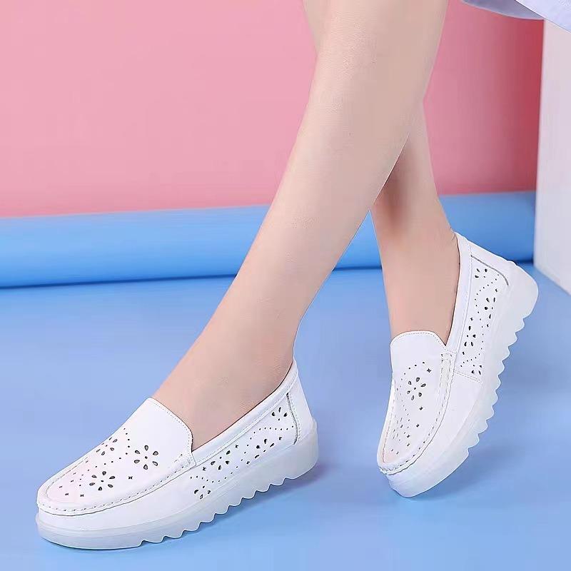 Medical Shoes Hollow Non-slip Nurse Shoes Women's Hole Shoes Are Not Tired Feet Soft Soles Breathable Summer Deodorant Flat Bottom Real Cowhide