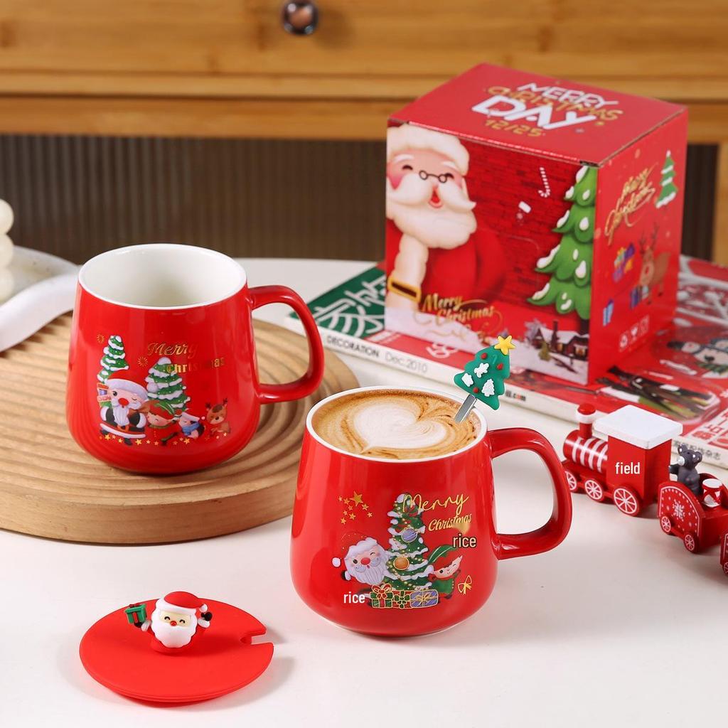 Weihnachts-Keramiktasse Geschenkset mit Deckel - Niedliche Tasse mit großer Kapazität