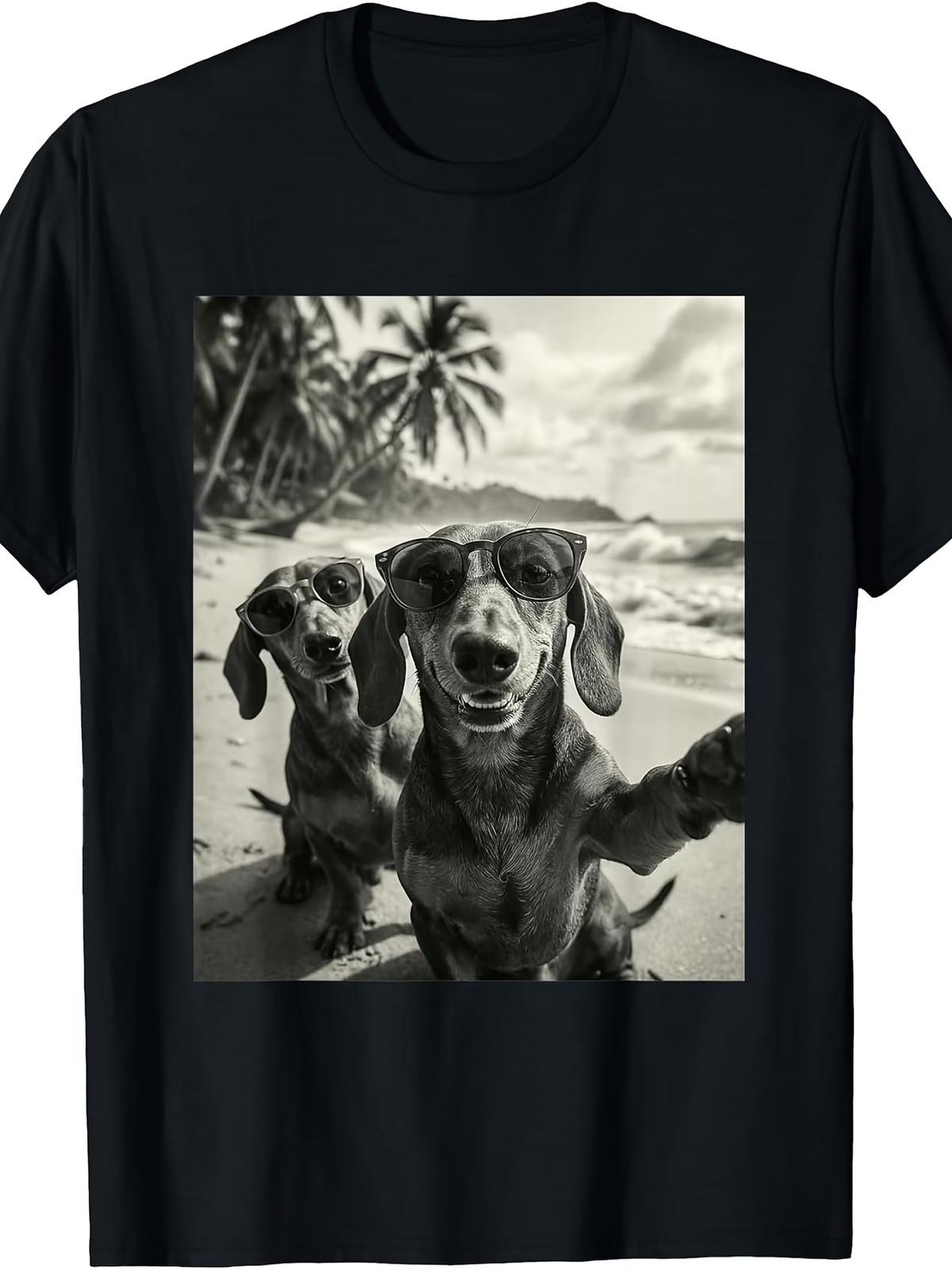 Funny Dog Selfie of a Cool Dachshund Wearing Glasses at The Beach on a T-Shirt XXXL
