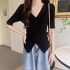 2024 Women's Korean V-Neck Irregular Cross Design Short-Sleeved T-Shirt, Plus Size, Solid Color.