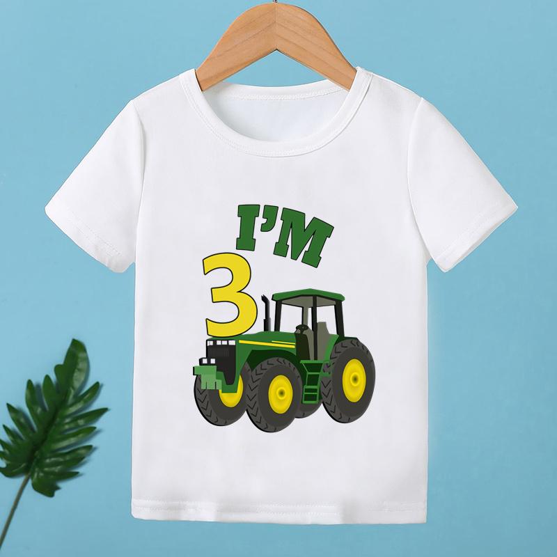 Agricultural Tractor Birthday Numbers 1 2 3 4 5 6 7 8 9 Cartoon Printed Summer Girls and Boys Short Sleeved Tshirt