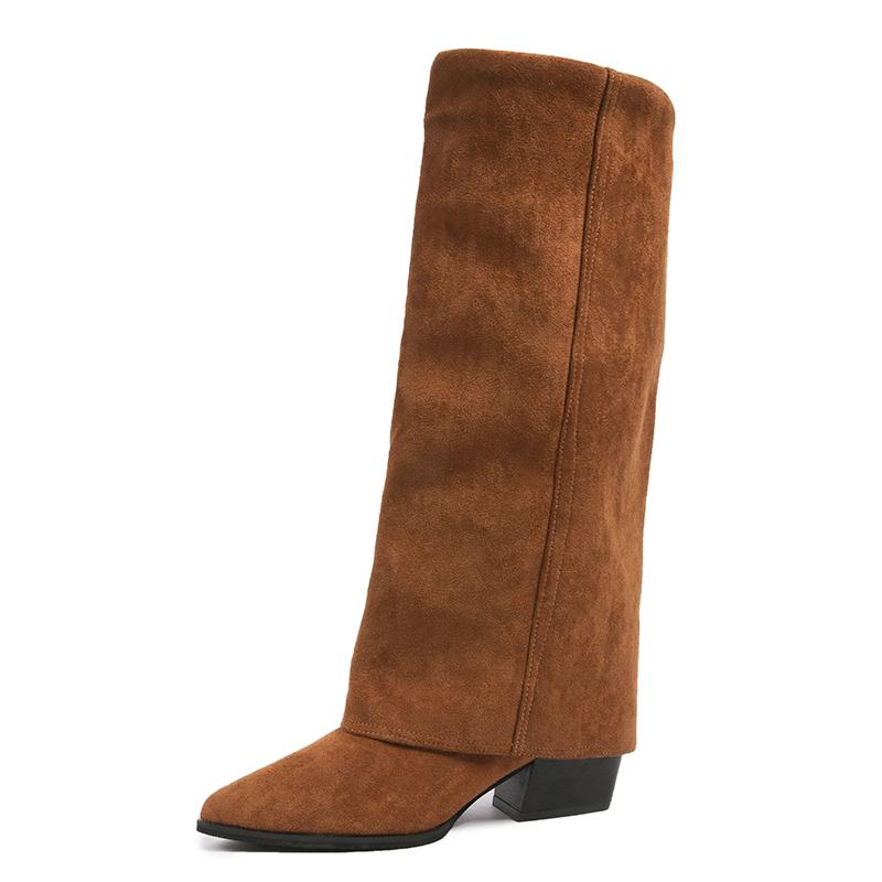 Fashion Block Heel Tall Boots Women's Fashion Pointed Toe Sleeve Suede Non-Slip Wear-Resistant High Heels