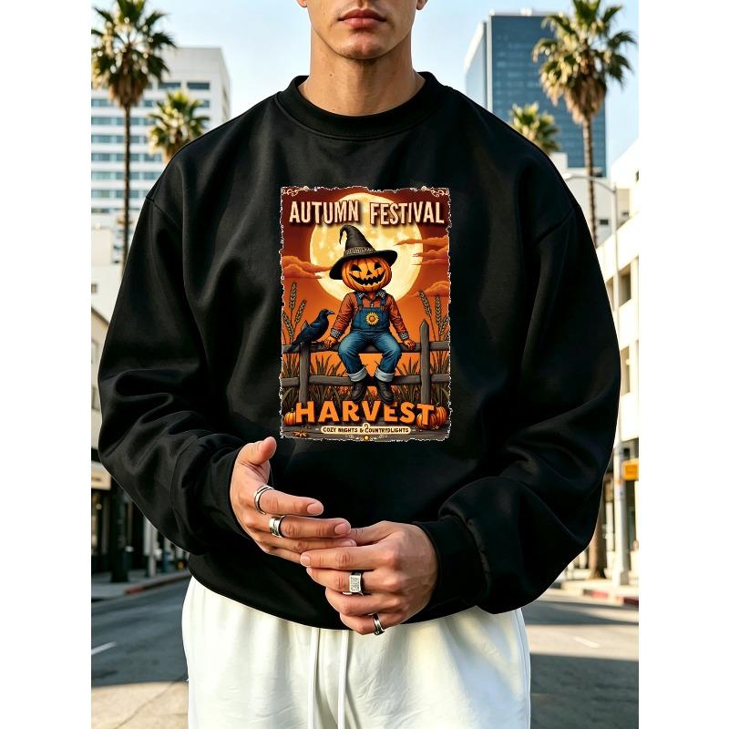 Men's Graphic Print Crew Neck Sweatshirt, Vintage Retro Poster Style, Halloween Pattern, Loose Fit Cut, Casual Outdoor Apparel