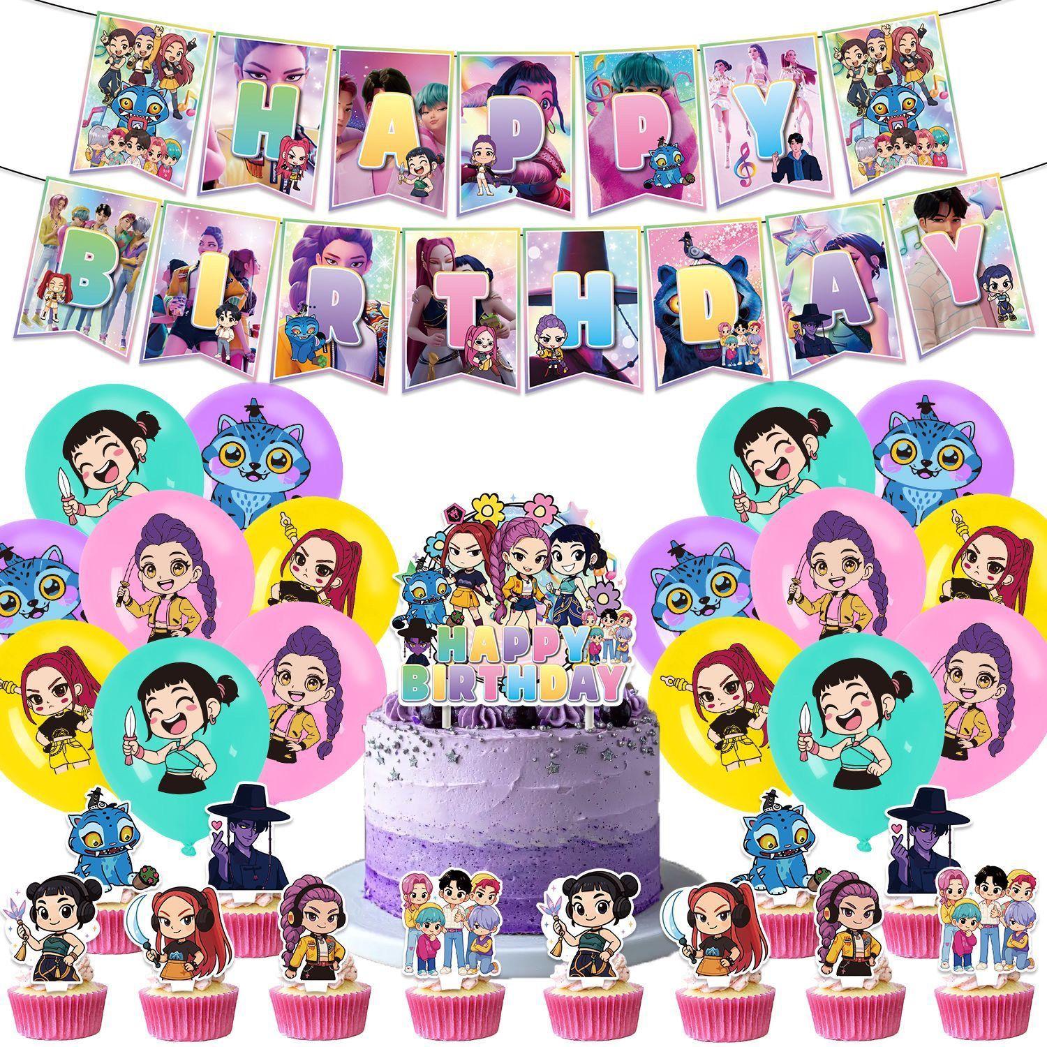 

Demon Hunters Banner Cake with Balloon Insertion Set for Children s Witch Hunters Themed Birthday Party Decoration as the picture1