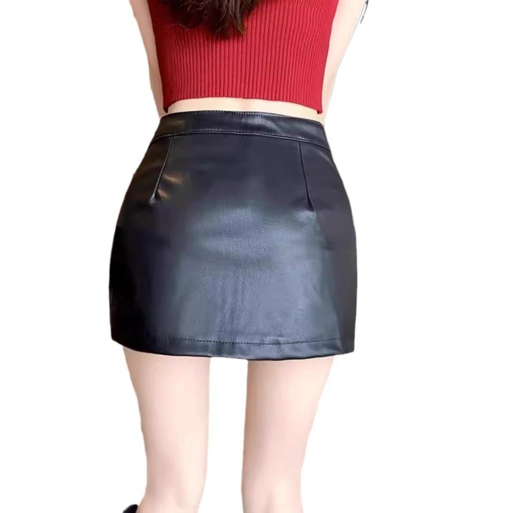 Petite Women's Autumn 2024 Black High Waist PU Leather Slit Bodycon A-line Mini Skirt