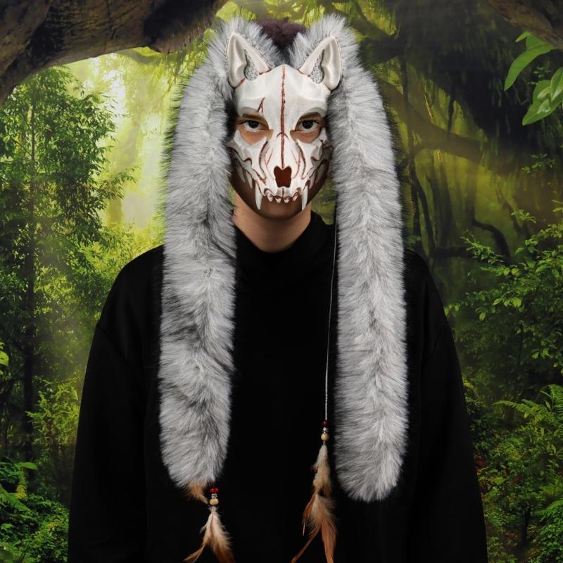 Fell Wikinger Füchse Maske Werwolf Kostüm Cosplay Zubehör Pelziges Tiermaske für Halloween Karneval Mottoparty