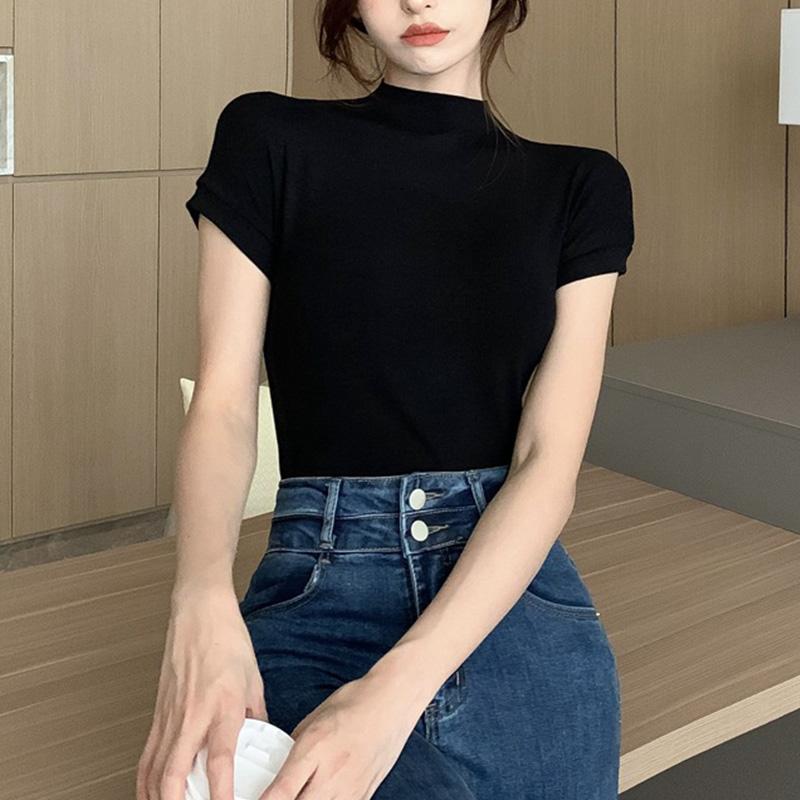 Módní letní dámské štíhlé tričko s krátkým rukávem a polovysokým výstřihem